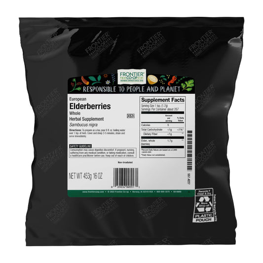 Frontier Co-op dried elderberries packaging; convenient bulk supply for teas and cooking.