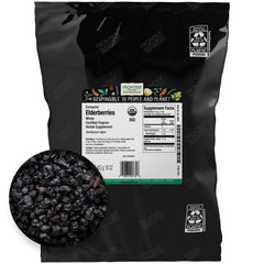 Frontier Co-op organic dried elderberries in a bulk bag for tea and syrups
