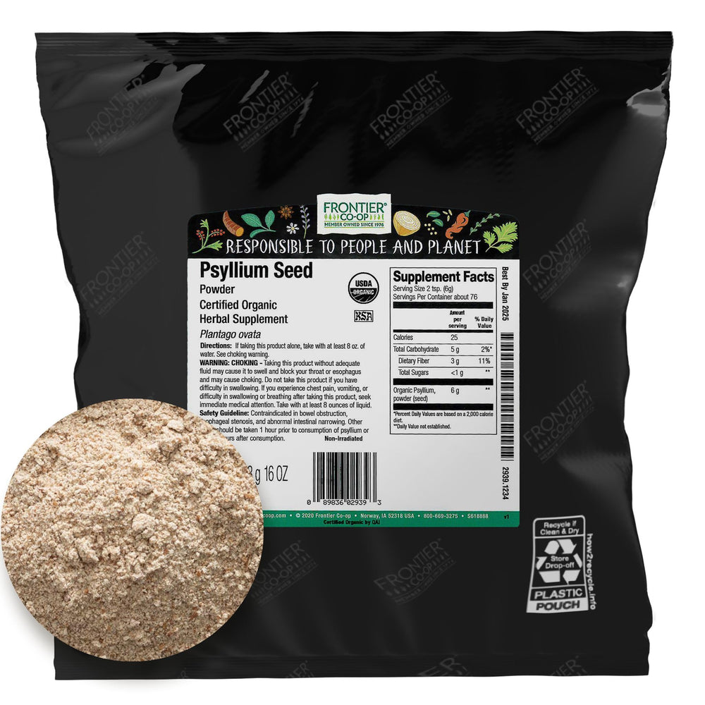 Frontier Co-op Psyllium Seed Powder in bulk packaging for eco-friendly option