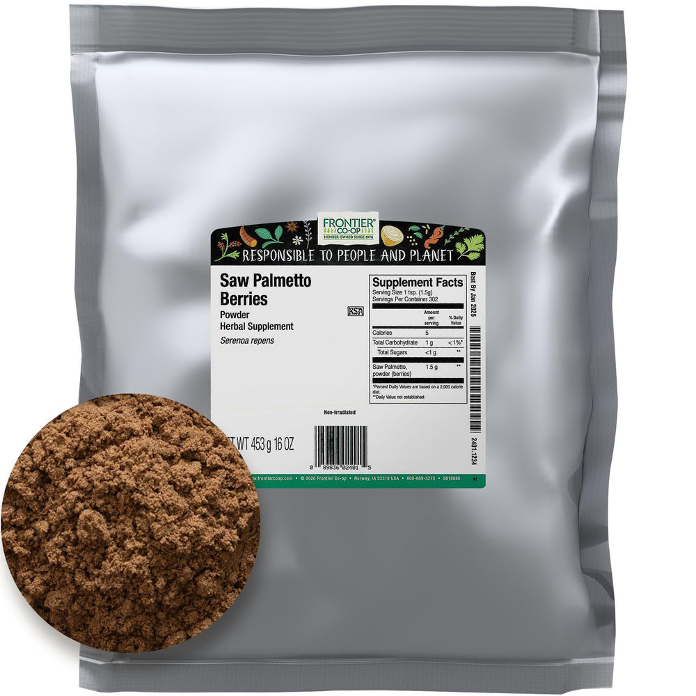 Frontier Co-op Saw Palmetto Berries Powder bulk packaging reduces waste and costs.
