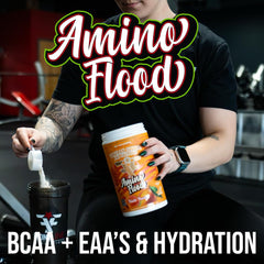Label detail of Amino Flood highlighting electrolytes and amino balance.