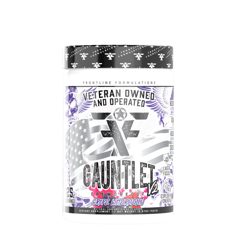 FRONTLINE FORMULATIONS Gauntlet pre-workout bottle shows bold branding for energized training sessions