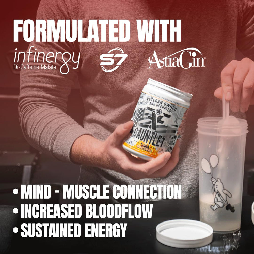 FRONTLINE FORMULATIONS Gauntlet pre-workout powder label clearly communicates flavor and directions