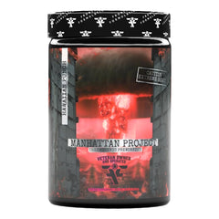 Frontline Formulations Manhattan Project bottle showing bold label and energy cue for focused workouts