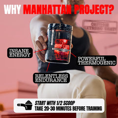Powder dissolving in water with Manhattan Project for a cardio-ready energy boost.