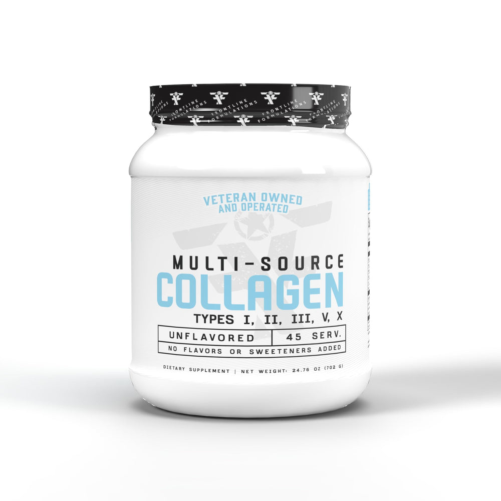 Frontline Formulations Multi-Source Collagen tub label showing premium blend for daily skin, hair, and nails support
