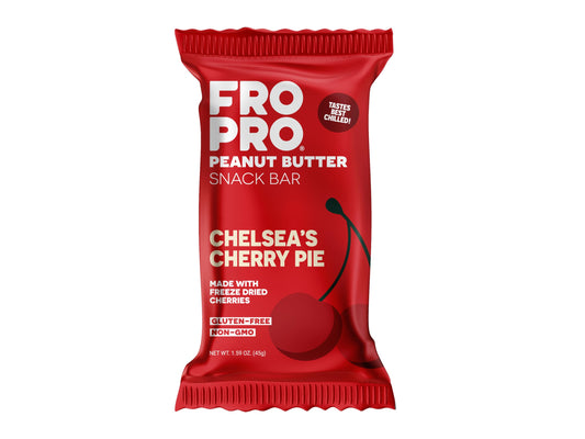 FROPRO Chelsea's Cherry Pie Peanut Butter Bar in packaging for quick snacking.