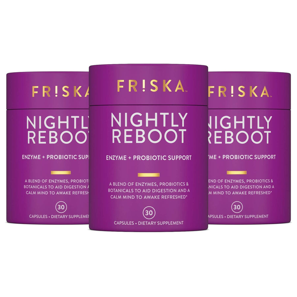 FR!SKA Nighttime Digestive Enzymes bottle label highlighting ingredients for overnight support.