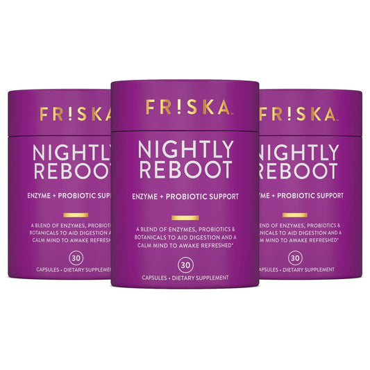 FR!SKA Nighttime Digestive Enzymes bottle label highlighting ingredients for overnight support.