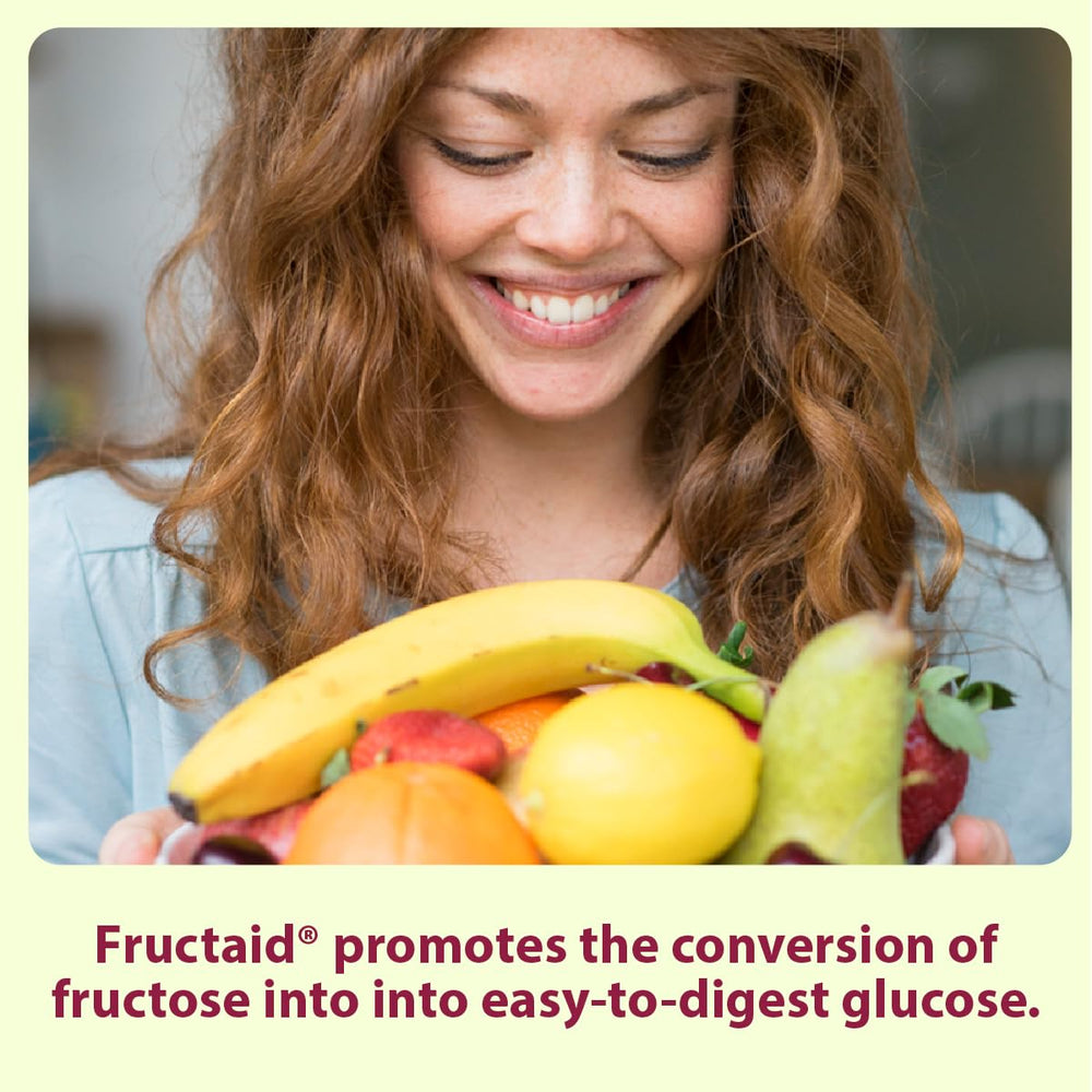 Fructaid capsules close-up highlights the enzyme-based supplement for fructose tolerance.