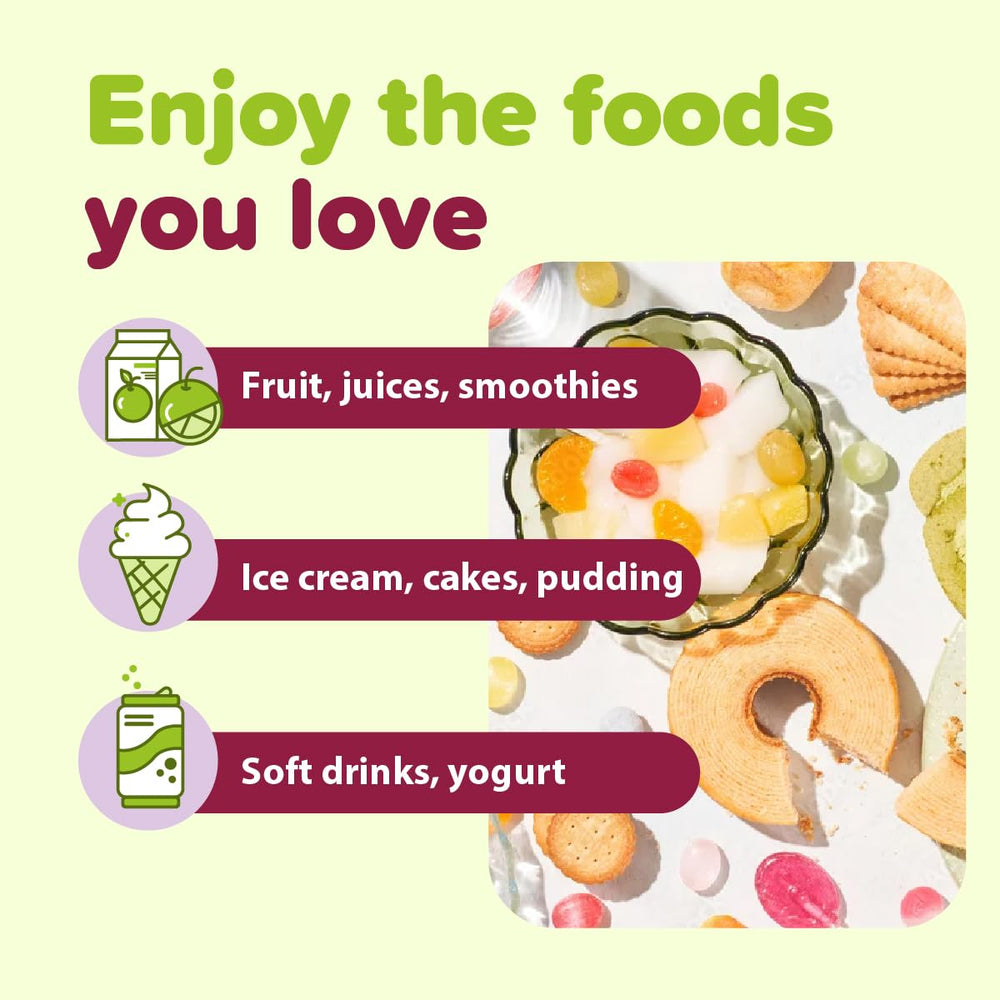 Fructaid with fruits and desserts hint at real-world usage scenarios.