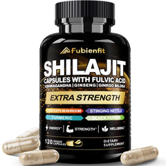 Fubienfit Shilajit capsules bottle front highlighting premium packaging for daily energy support