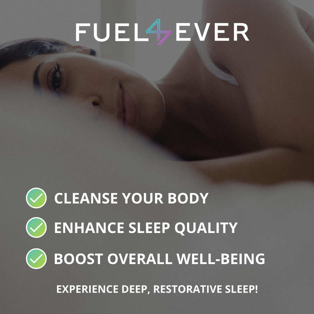 Fuel 4 Ever Sleep lemon balm and ashwagandha bottle elements in a calm scene.