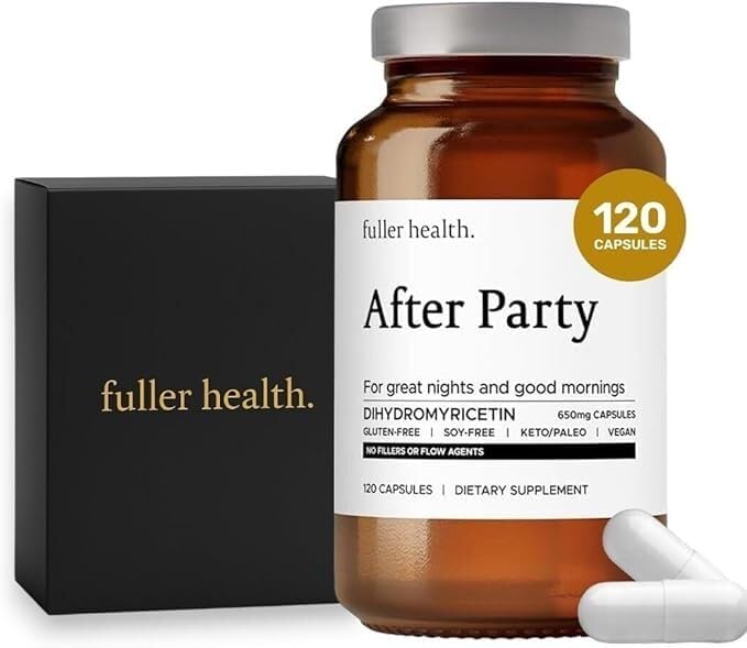 Fuller Health After Party DHM bottle being poured, suggesting post-celebration recovery support.