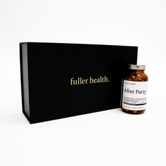 Top view of Fuller Health After Party DHM bottle, minimalist capsule design.