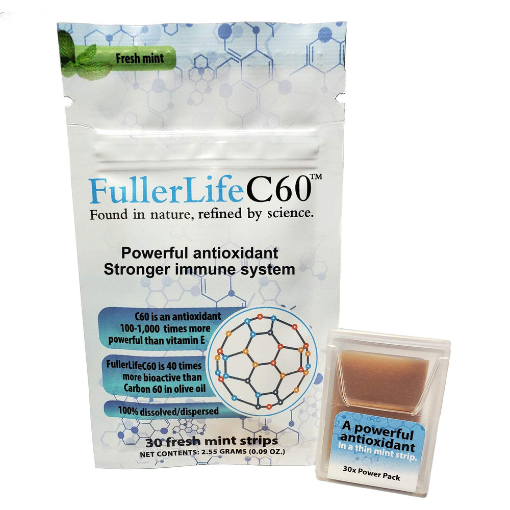 FullerLifeC60 Carbon 60 Strips front packaging displaying portable minty strips for on-the-go antioxidant support