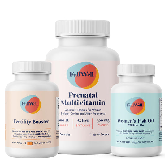 FullWell Fertility Trio bottle front shows easy prenatal nutrition for daily use.