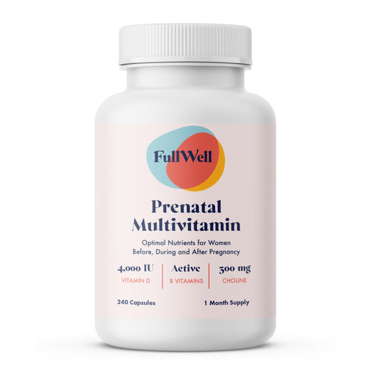 FullWell Prenatal bottle close-up showing a trusted daily vitamin for expectant Moms.