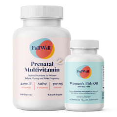 FullWell Prenatal Lemon DHA bottle on kitchen shelf for daily prenatal nutrition.