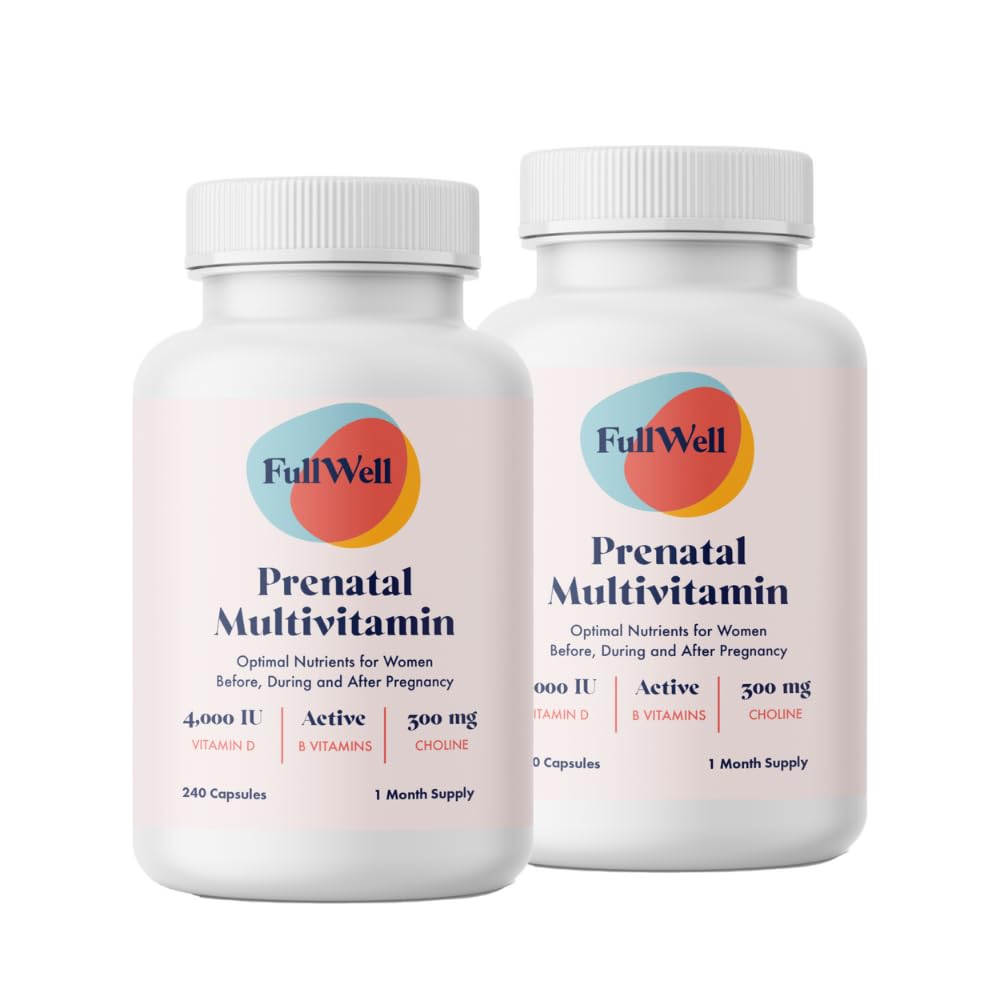 FullWell Prenatal Multivitamins bottle front highlighting choline support for baby's brain development.