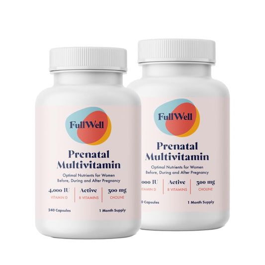 FullWell Prenatal Multivitamins bottle front highlighting choline support for baby's brain development.