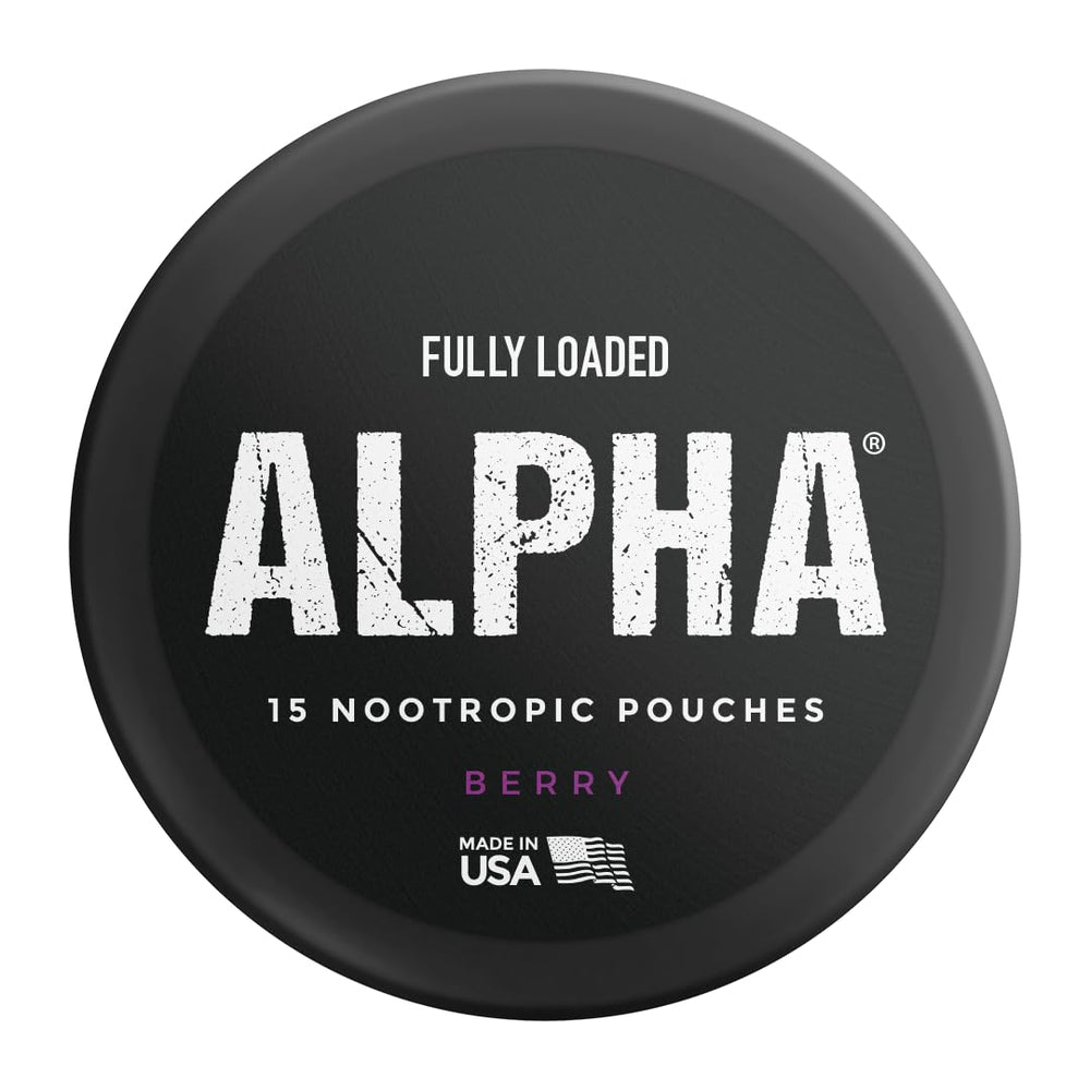 Fully Loaded Alpha Pouches Berry brand-embossing label close-up on packaging.