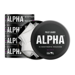 Fully Loaded Alpha Pouches Berry can front view for discreet, on-the-go focus support.
