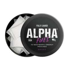 Fully Loaded Bullseye Alpha Fuel can showing 15 pouches for on-the-go energy.