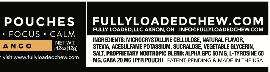 Fully Loaded Bullseye Alpha mango pouch ingredients clearly showing 60mg ALPHA GPC.