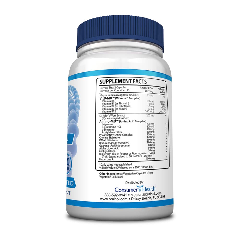 Fungavir Brainol bottle back label shows ingredients supporting neurotransmitter energy.