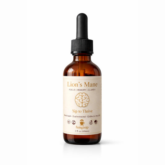 FUNGISIP Lion's Mane tincture bottle for daily focus ritual and mental clarity.