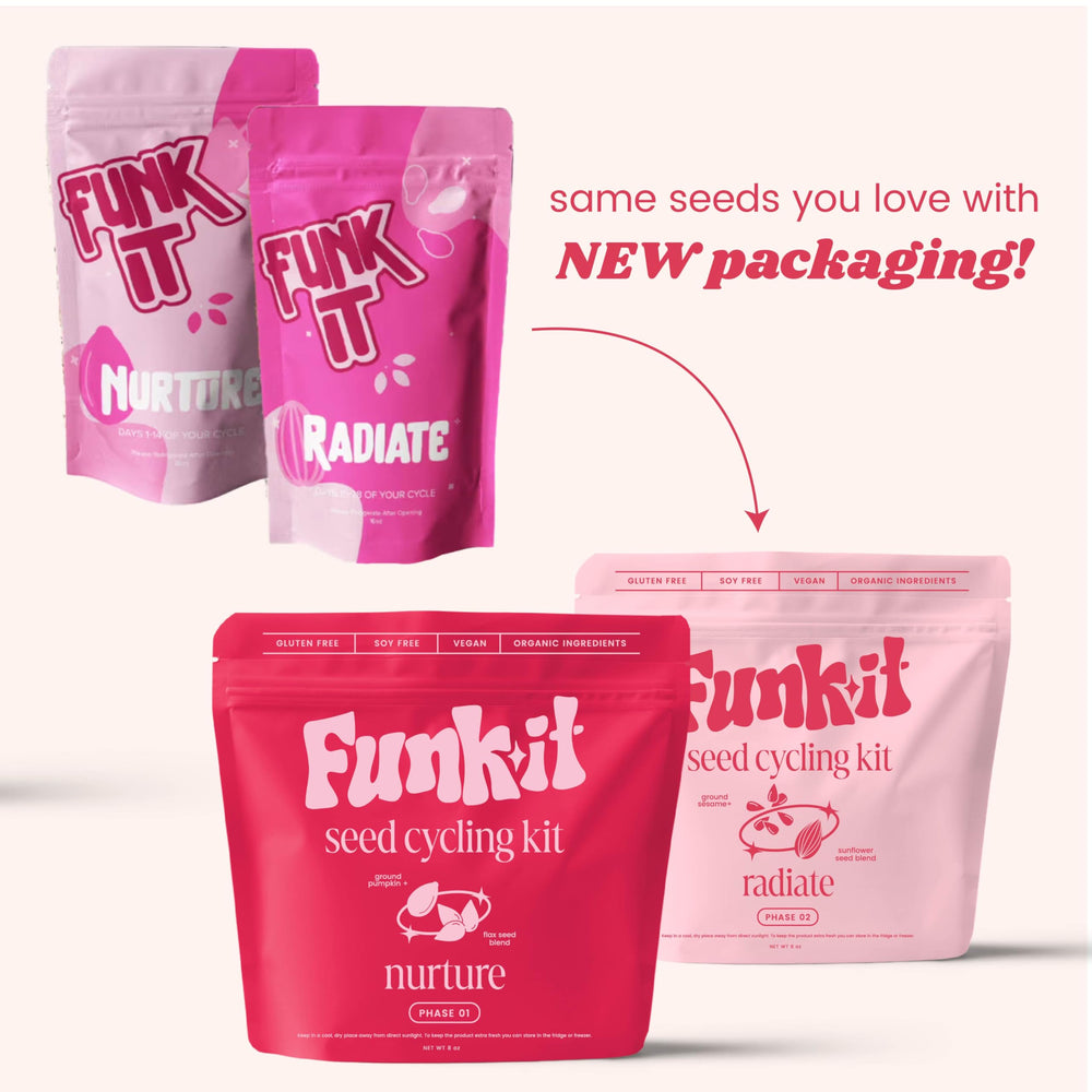 Funk It Wellness Seed Cycling Kit bag with pre-ground seeds emphasizes convenience and nutrient density.