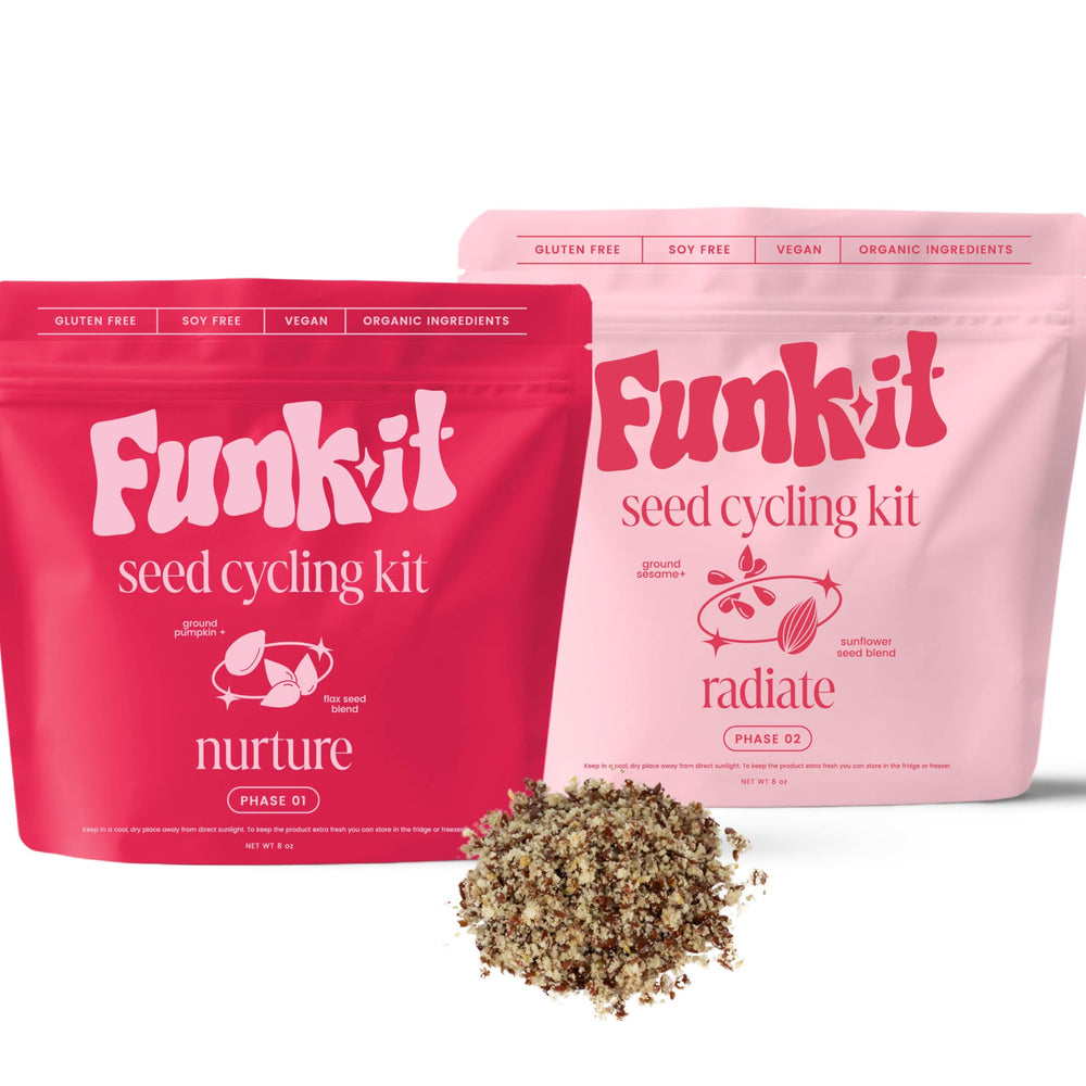 Funk It Wellness Seed Cycling Kit packaging front shows a clean, plant-based PMS support solution.