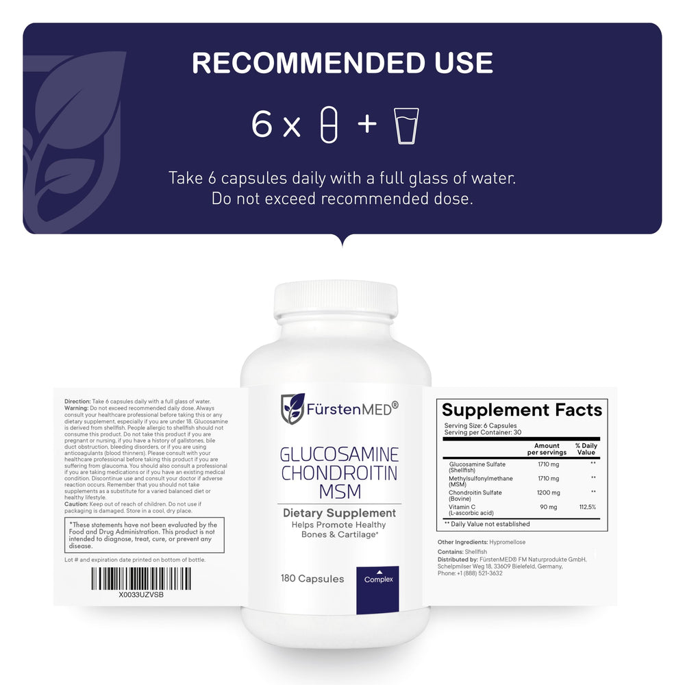 FürstenMED bottle on counter showcasing joint health supplement packaging.