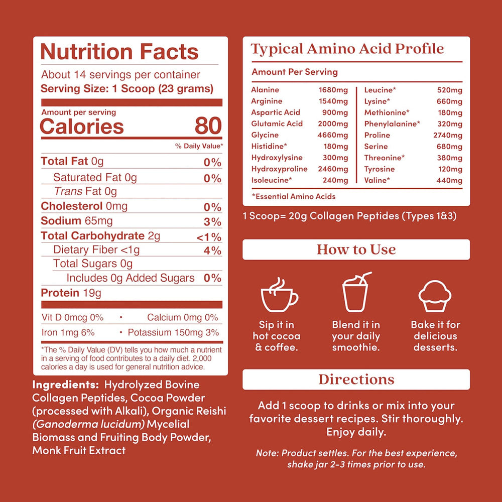 Close-up of label on Further Food chocolate collagen with Reishi detailing ingredients