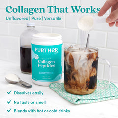 Further Food collagen powder in glass with milk highlights versatility.