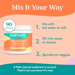 Further Food turmeric powder packaging emphasizes vegan, non-GMO ingredients.