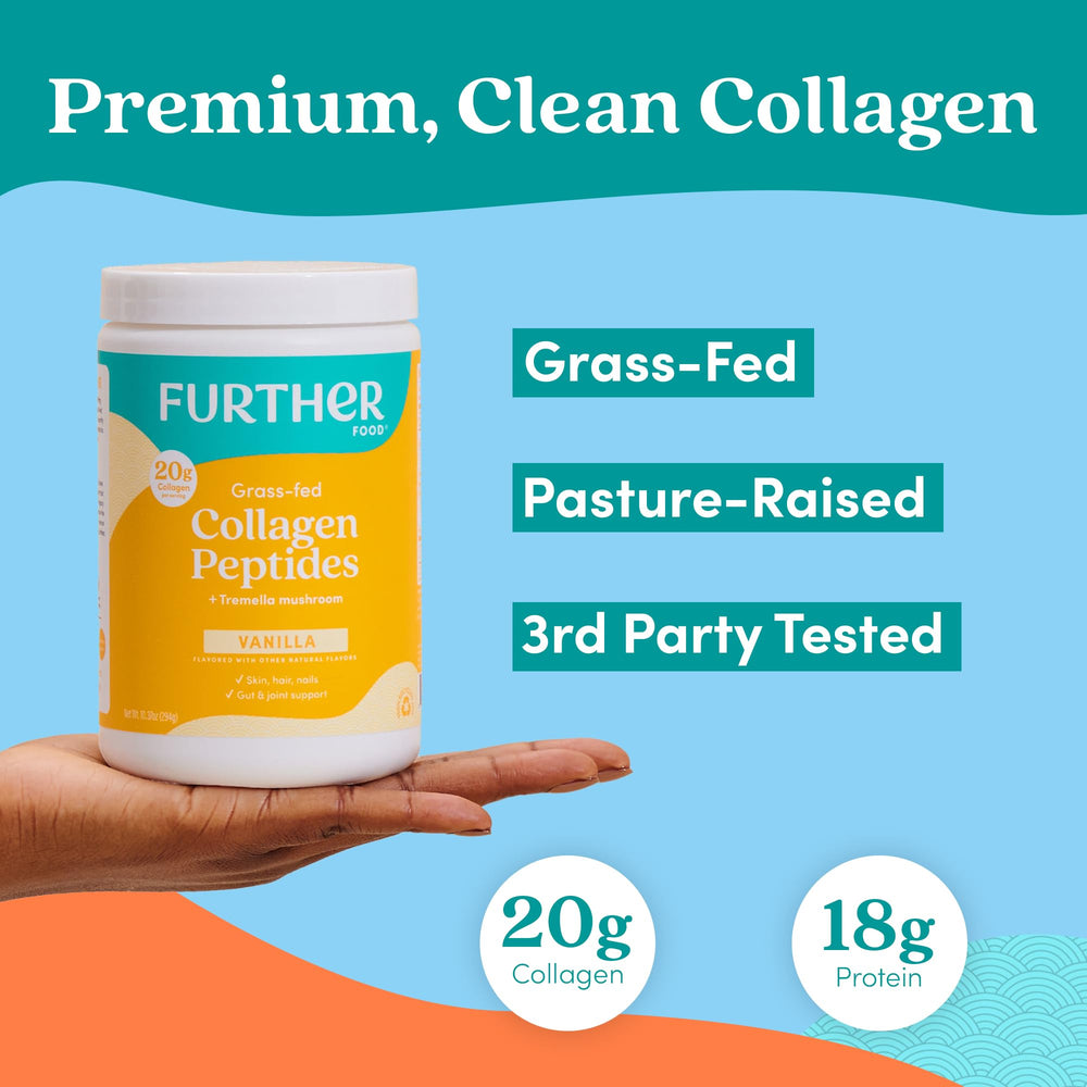 Pouring Further Food vanilla collagen powder into a cup for quick mixing.