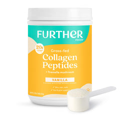 Further Food vanilla collagen powder tub shows 20g per serving for daily skin and joints support.