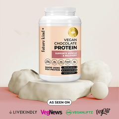 Future Kind vegan protein chocolate shake glass with dairy-free protein boost.