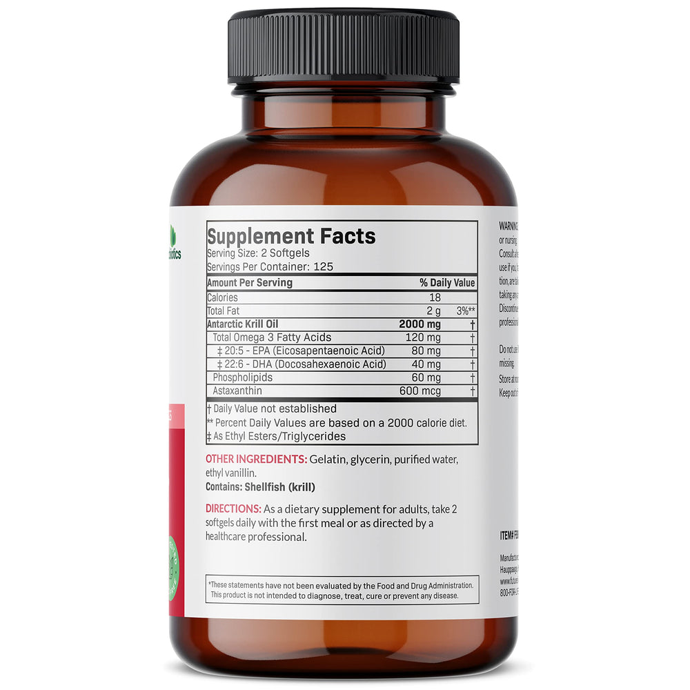 Close-up of Futurebiotics softgels highlighting krill oil content for daily use.