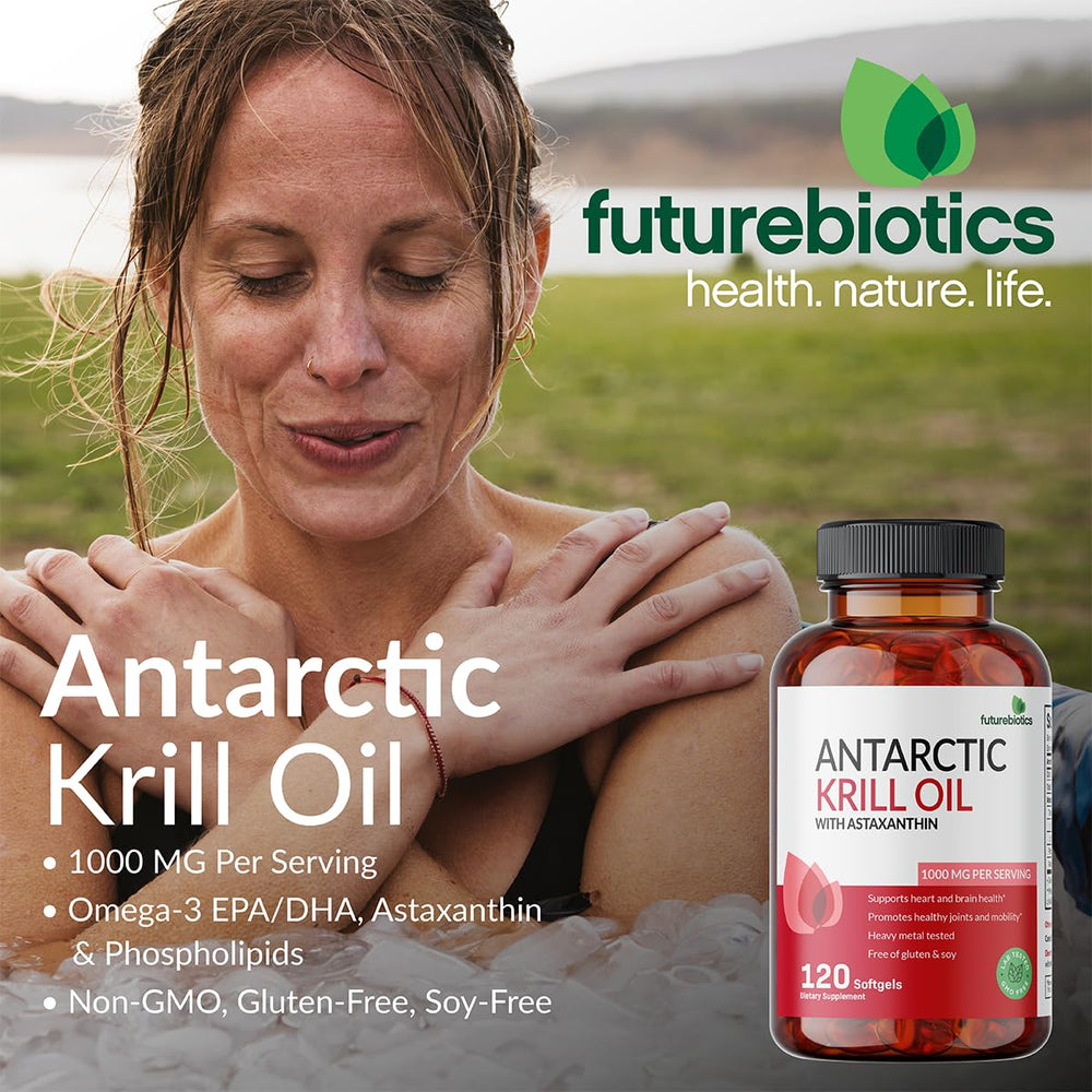 Futurebiotics Krill Oil label close-up emphasizing Antarctic sourcing and purity