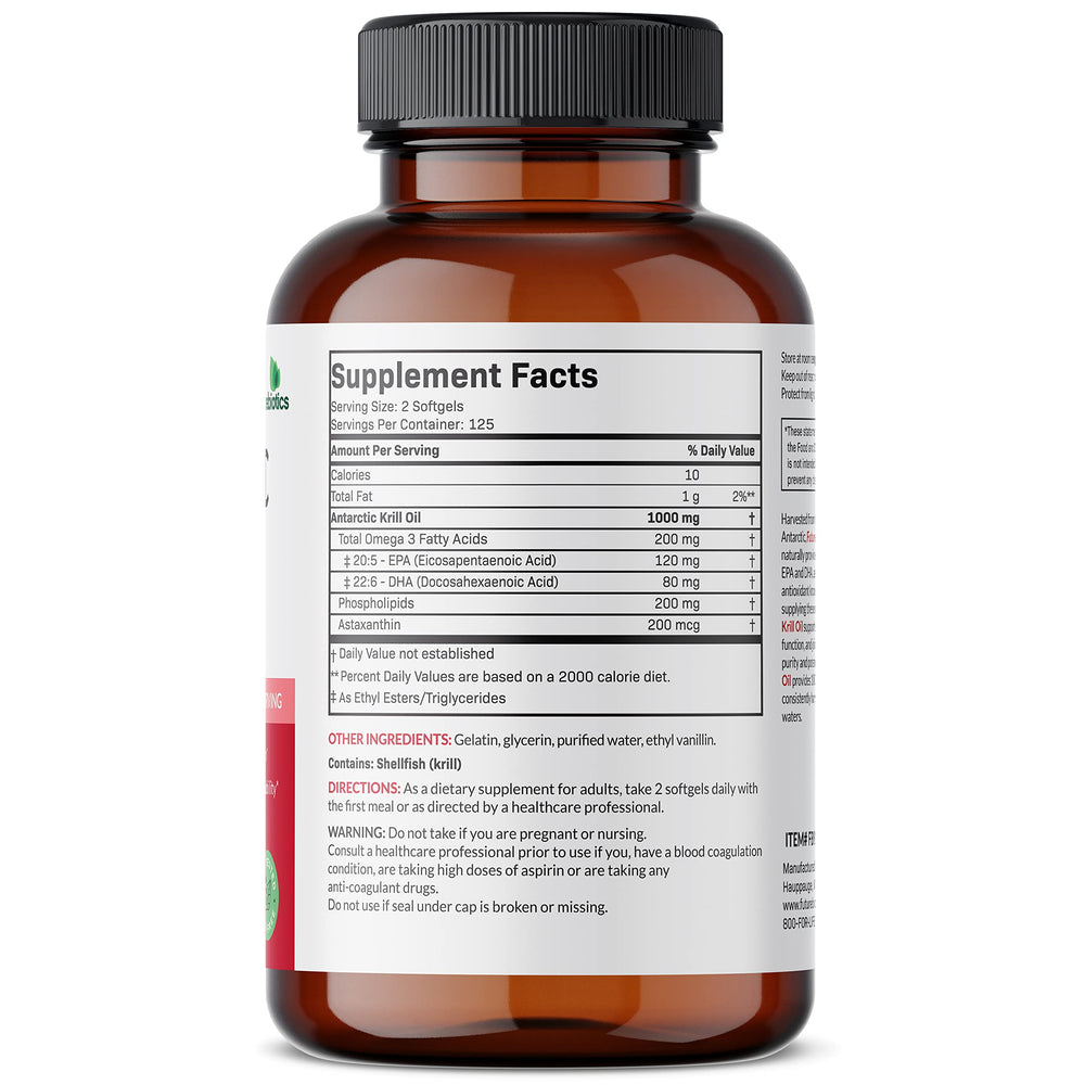 Futurebiotics Krill Oil softgels close-up highlighting convenient two-softgel serving