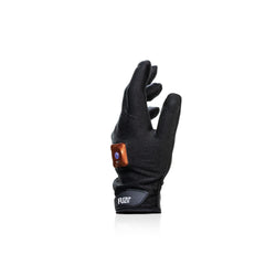 Fuzu vibrating massage glove worn on hand for targeted relief and relaxation.