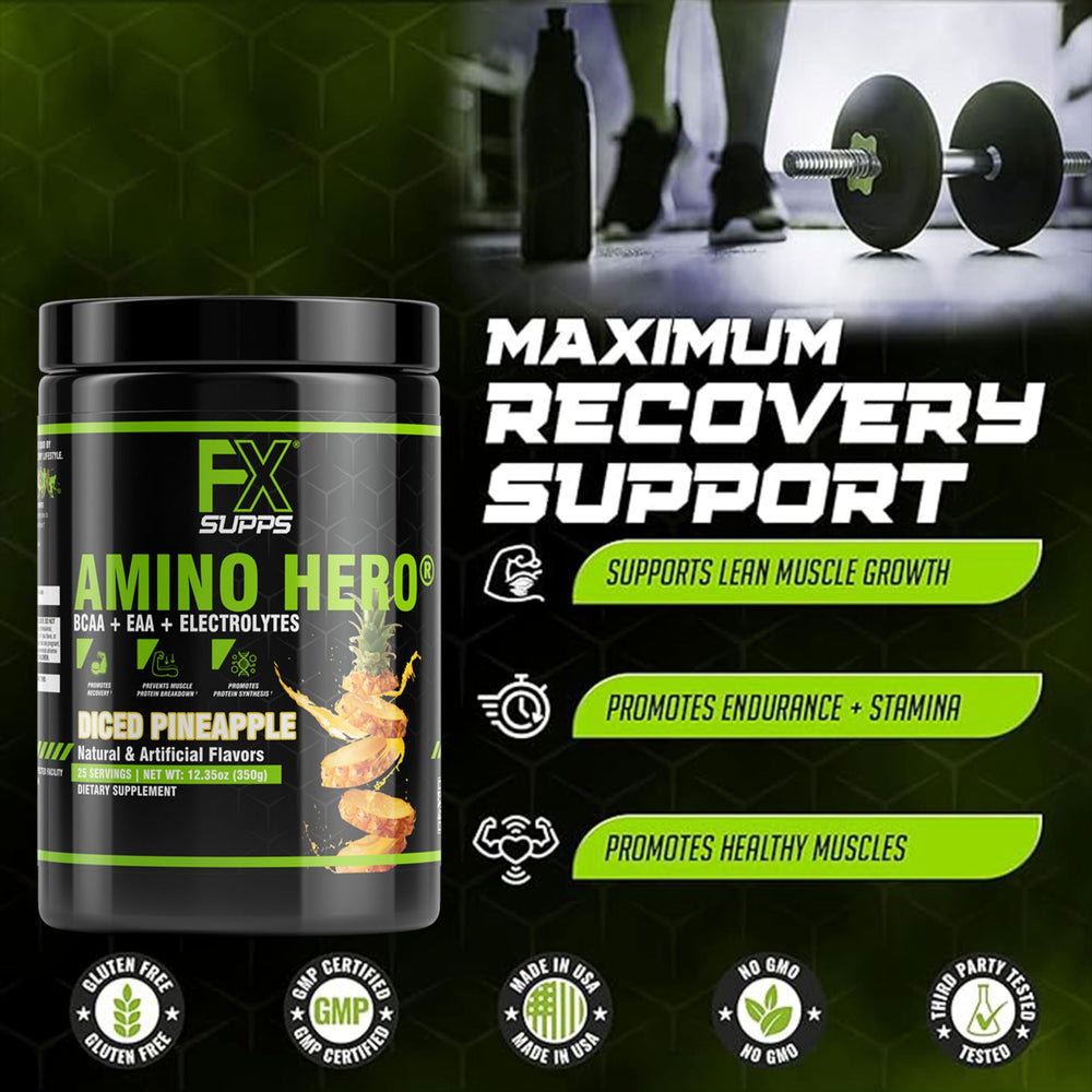 Close-up of Amino Hero nutrition panel on the tub