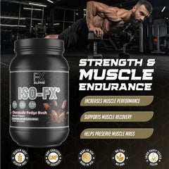 FXSUPPS Iso-Fx scoop in glass demonstrates fast-absorbing protein for lean muscle.