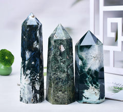 FZBHRO moss agate tower six facets highlights geometric symmetry for energy focus.