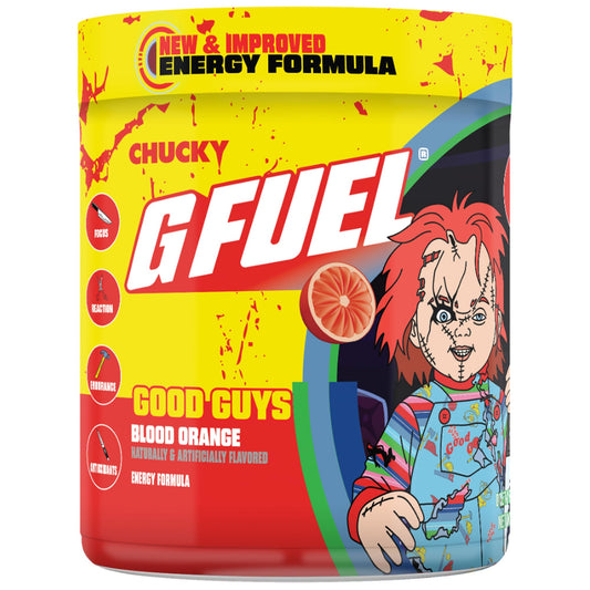 G Fuel Chucky Good Guys 2.0 energy powder bottle in Tropical Blood Orange boosts focus