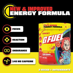 G Fuel Chucky Good Guys 2.0 label art shows sugar free energy and antioxidants