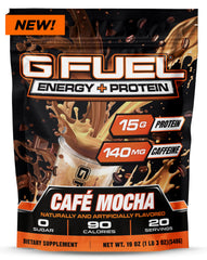 G Fuel Cafe Mocha protein-energy powder tub with rich flavor and scoop.